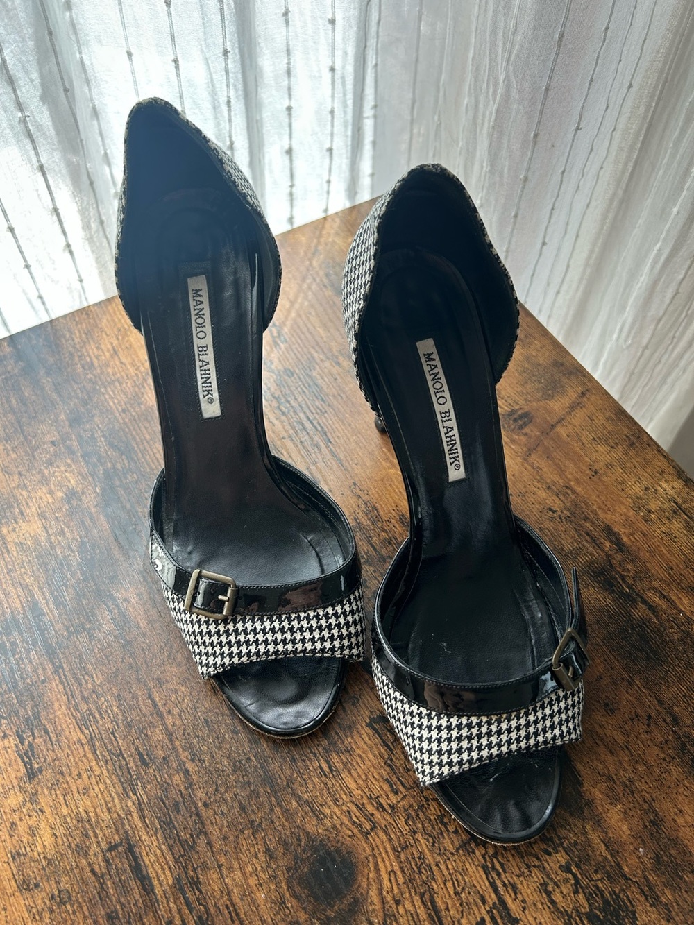 Manolo Blahnik houndstooth open toe heels